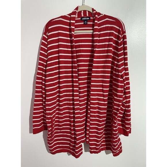 Lands End Cardigan 3X Red White Striped Holidays Office Open Duster Topper - Picture 1 of 10
